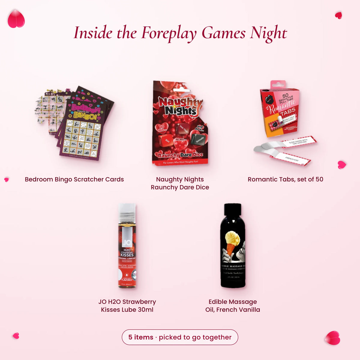 Inside Foreplay Games Night: Bedroom Bingo, Raunchy Dare Dice, Romantic Tabs, JO strawberry lube and edible massage oil