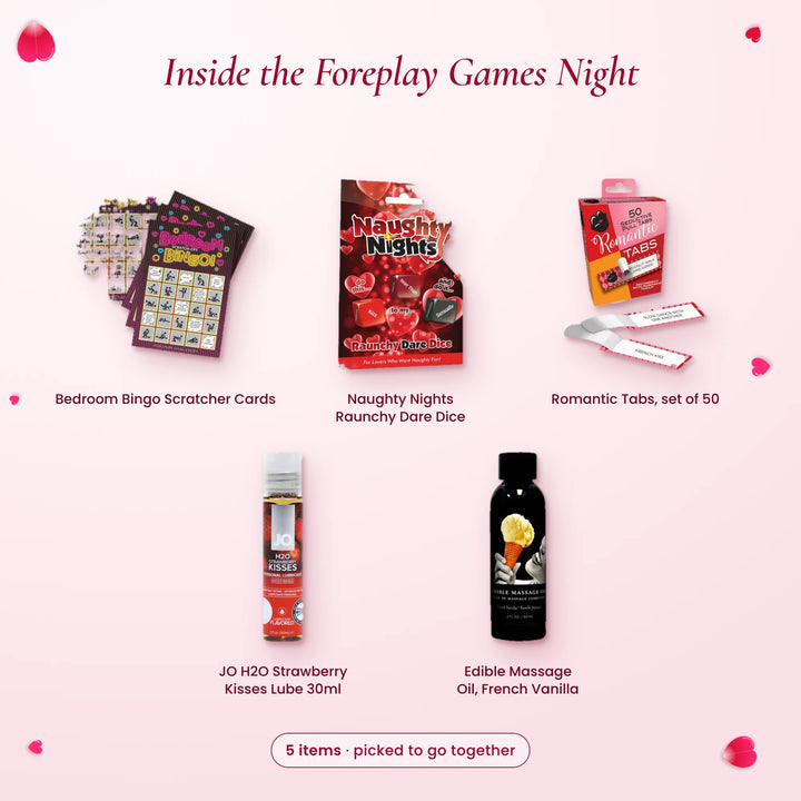 Inside Foreplay Games Night: Bedroom Bingo, Raunchy Dare Dice, Romantic Tabs, JO strawberry lube and edible massage oil