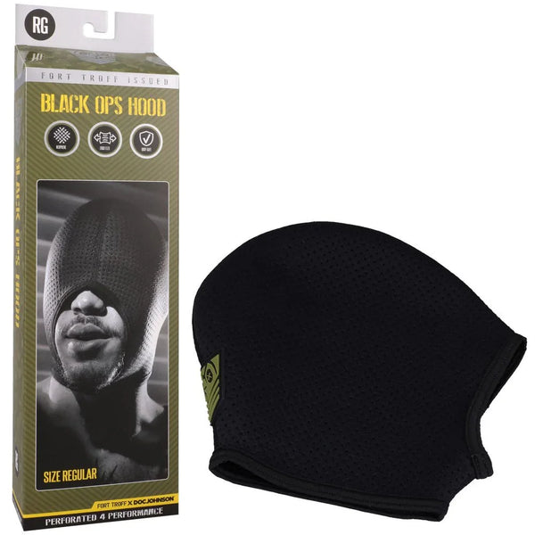 Fort Troff Black Ops perforated hood in Black beside its boxed card
