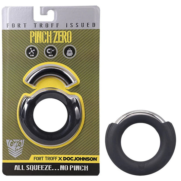 Fort Troff Pinch Zero magnetic cock ring in Black beside its blister card