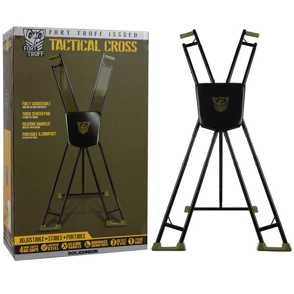 Fort Troff Tactical Cross adjustable bondage frame beside its retail box