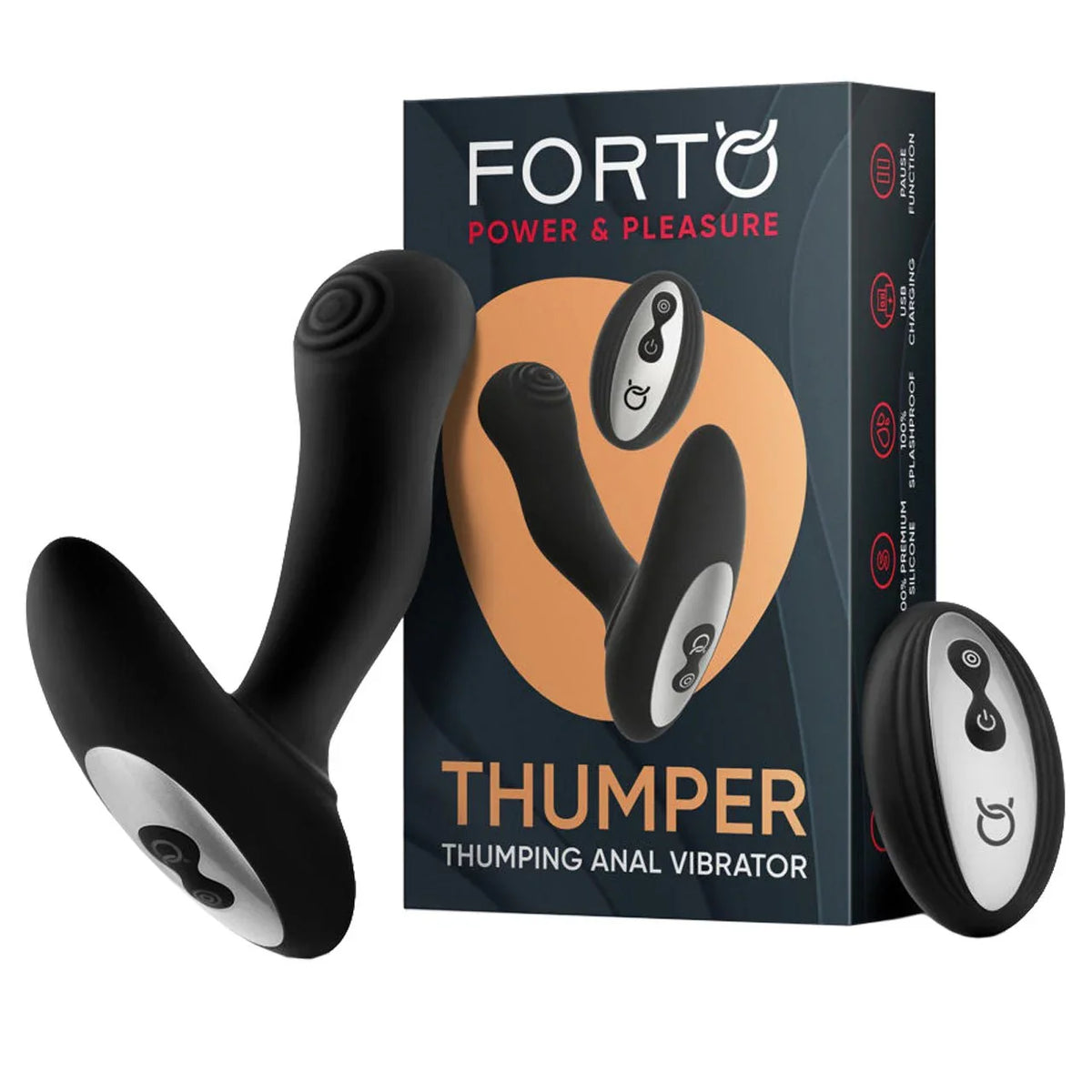 Forto Thumper anal vibrator in Black with remote, beside its orange box