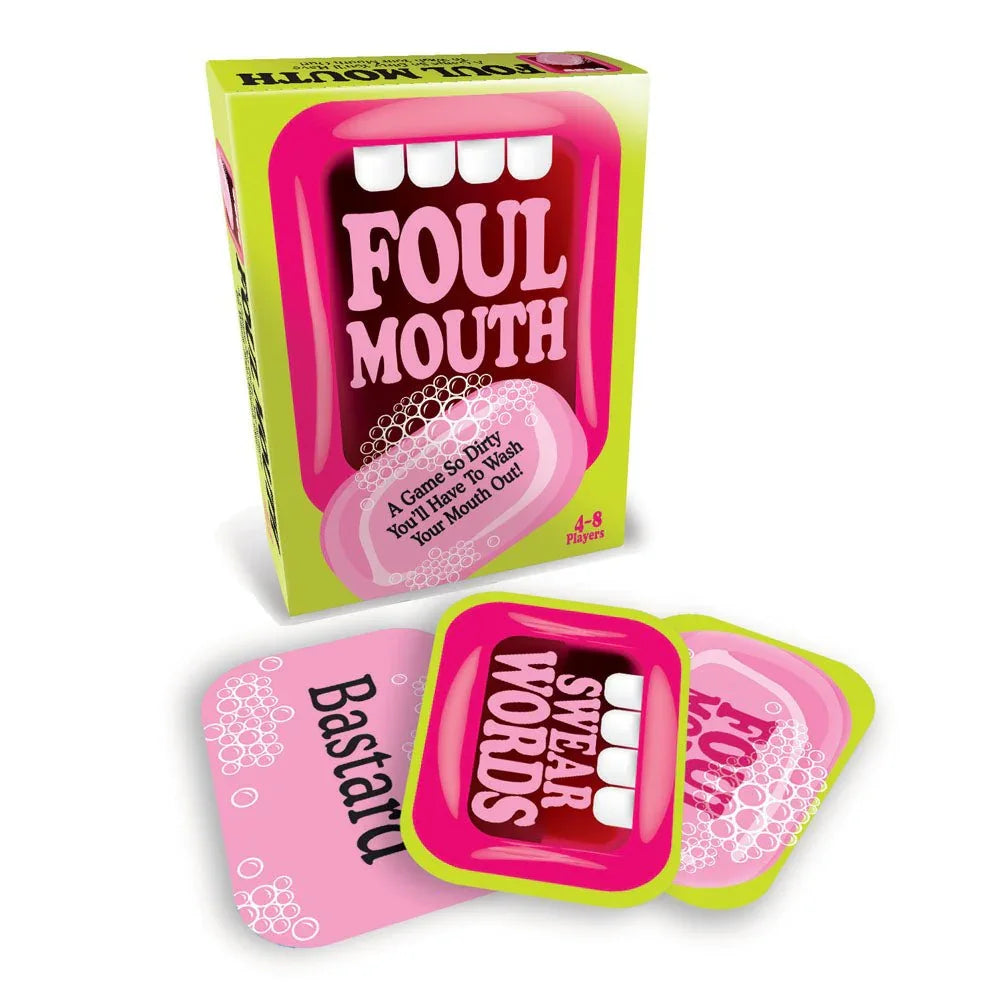 Foul Mouth card game, pink and lime box with three swear-word cards in front