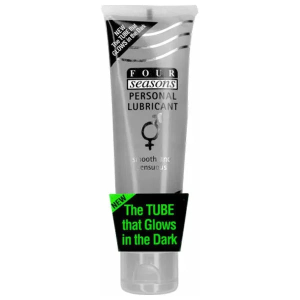 Four Seasons Personal Lubricant in clear tube, smooth and sensuous, glows in the dark.