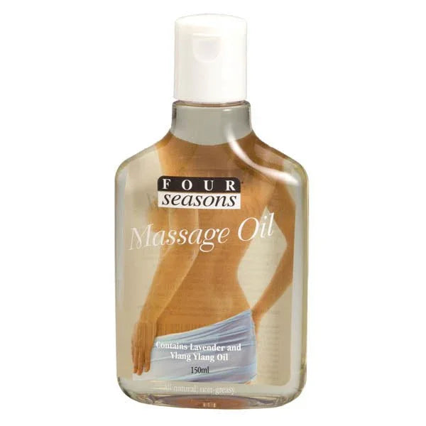 Four Seasons Massage Oil in clear bottle, contains lavender and ylang ylang, 150ml, non-greasy.