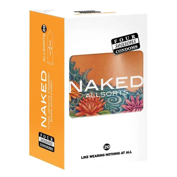 Naked Allsorts condoms in assorted flavours, latex, 20-pack. Four Seasons branding visible.
