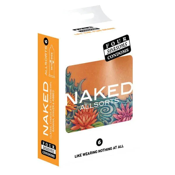 Four Seasons Naked Allsorts 6 pack, orange-spined box with floral artwork