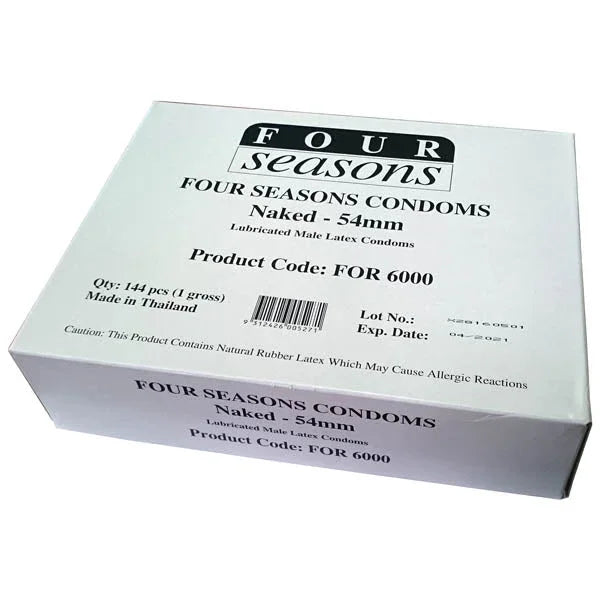 Four Seasons Naked 54mm lubricated male latex condoms, natural rubber, 144 pcs, made in Thailand.