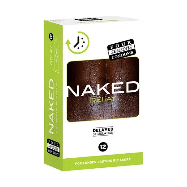 Four Seasons Naked Delay Condoms in clear packaging, designed for delayed stimulation, 12 count.