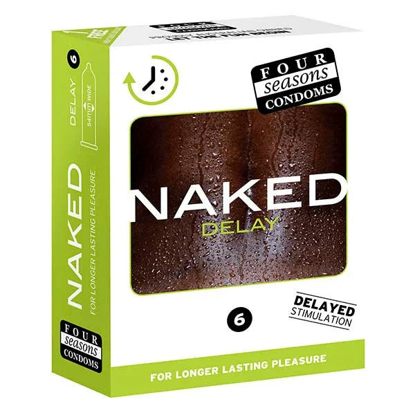Four Seasons Naked Delay condoms for longer lasting pleasure, delayed stimulation, 6-pack.