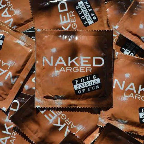 Naked Larger condoms in brown foil, premium latex, four seasons of fun design.