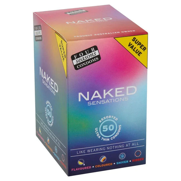 Naked Sensations Four Seasons Condoms, assorted ultra thin, flavoured, coloured, shiver, ribbed.