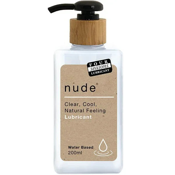 Nude Four Seasons Lubricant in clear bottle, water-based, 200ml with bamboo pump.