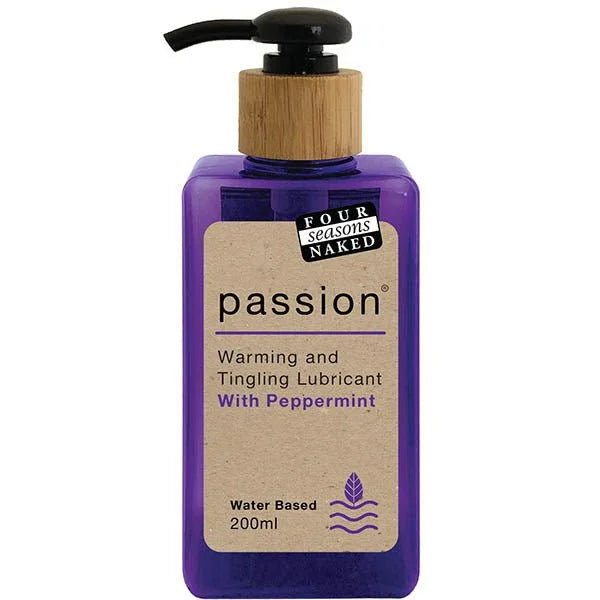 Four Seasons Passion warming lubricant, purple 200 ml pump bottle with bamboo top
