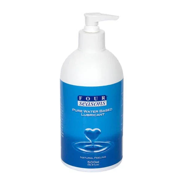 Four Seasons Pure Water Based Lubricant in blue, 500ml bottle, pump dispenser, natural feeling.