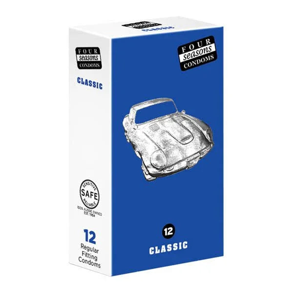 Four Seasons Classic 12 pack, blue box with sketched sports-car artwork