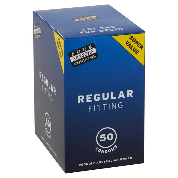 Four Seasons Condoms Regular Fitting in blue box, 50 count, super value pack, Australian owned.