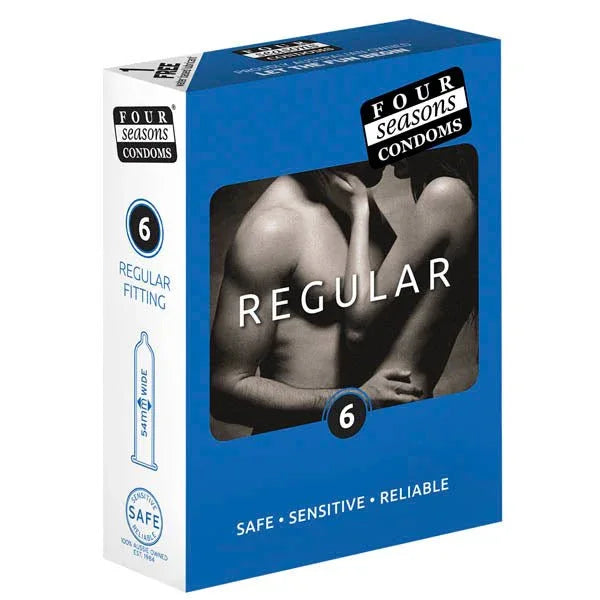 Four Seasons Regular Condoms in blue packaging, 54mm wide, safe and reliable.