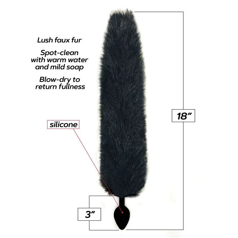 Diagram of the black faux fur fox tail, marked 18 inches with a 3 inch silicone plug