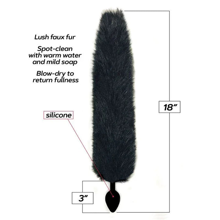 Diagram of the black faux fur fox tail, marked 18 inches with a 3 inch silicone plug