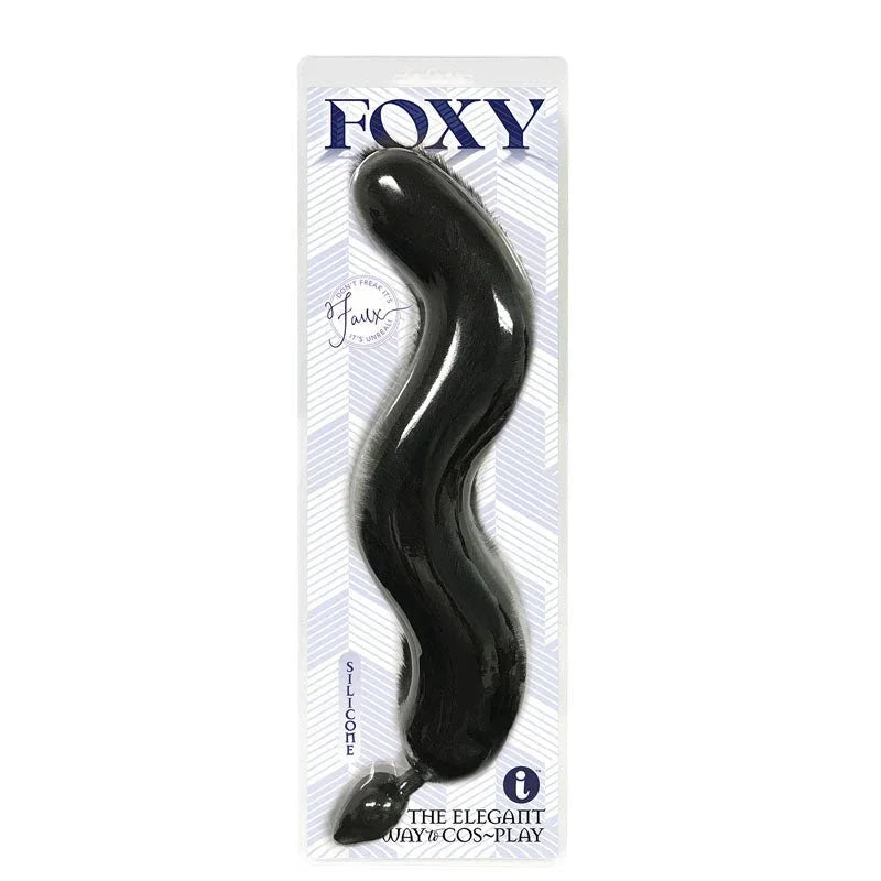 Foxy black silicone fox tail butt plug sealed in its Foxy blister pack