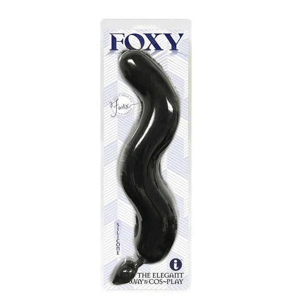 Foxy black silicone fox tail butt plug sealed in its Foxy blister pack
