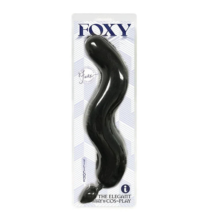 Foxy black silicone fox tail butt plug sealed in its Foxy blister pack