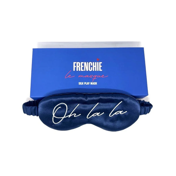 Frenchie Le Masque navy silk sleep mask with Oh la la script, box behind