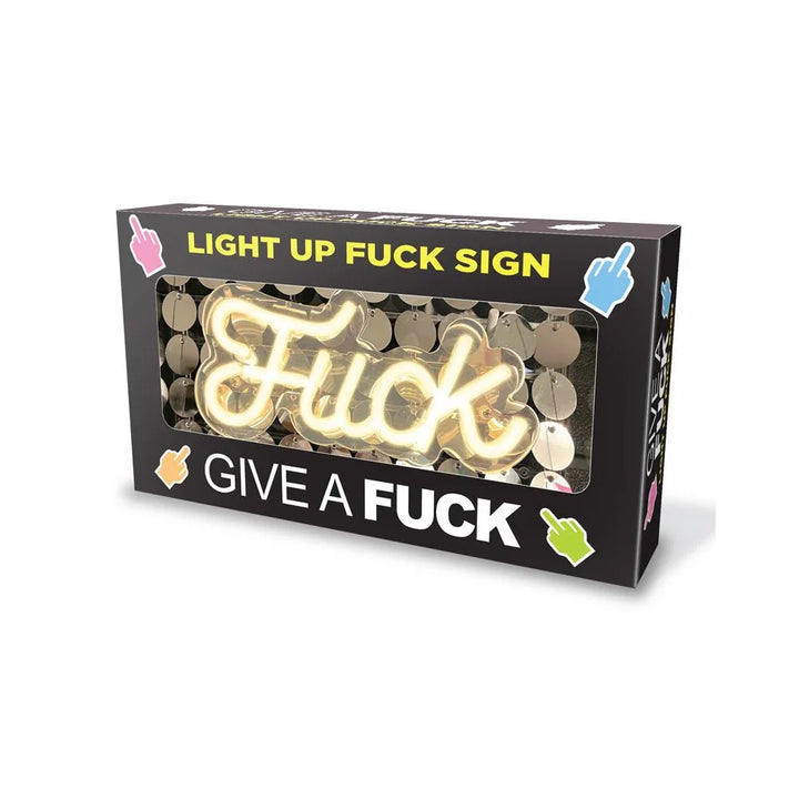Give A Fuck light up sign retail box front, neon sign visible through the window