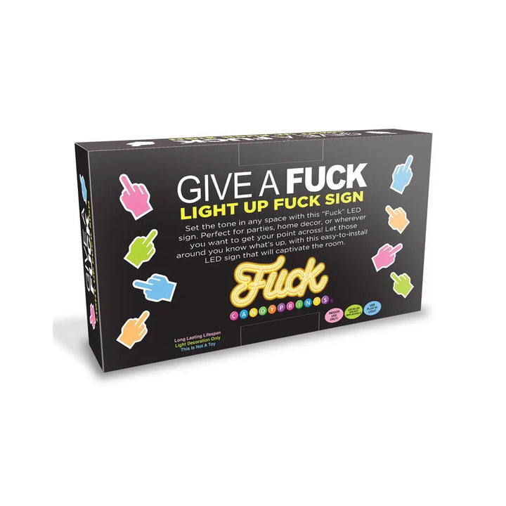 Give A Fuck light up sign box reverse, describing the LED sign and its uses