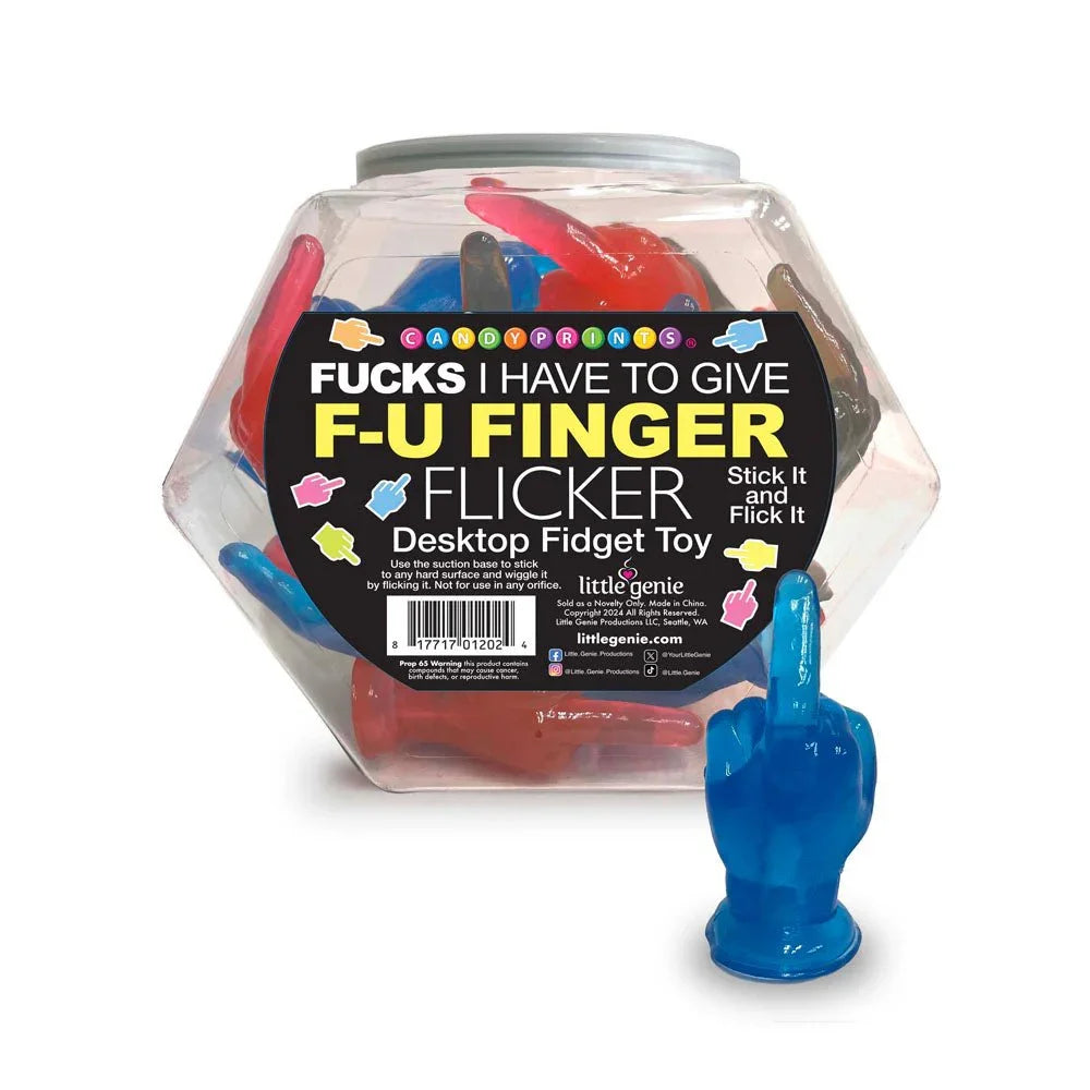 F-U Finger Flicker fishbowl display of 24 fidget toys, a blue flicker standing in front