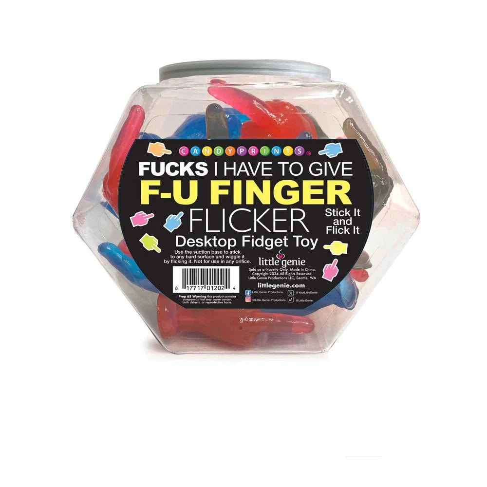 F-U Finger Flicker fishbowl display of 24, header label and barcode facing the camera