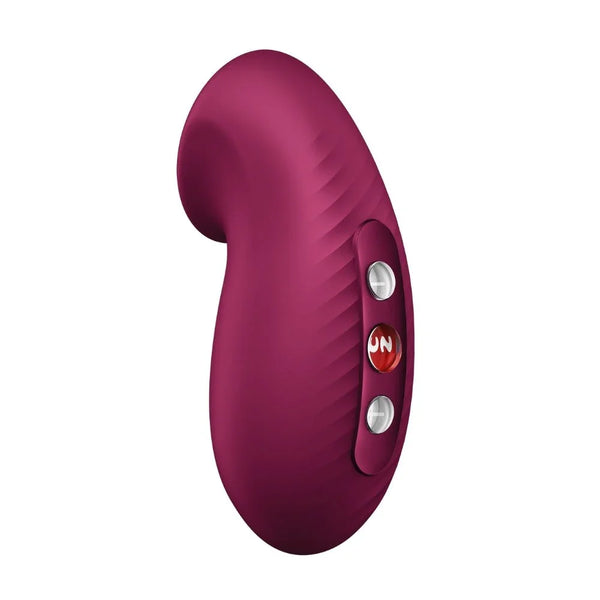Fun Factory Desire in Wine Red, curved lay-on stimulator with three side buttons