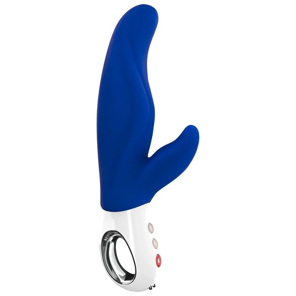 Fun Factory Lady Bi rabbit vibrator in Blue, white handle with silver loop and three buttons