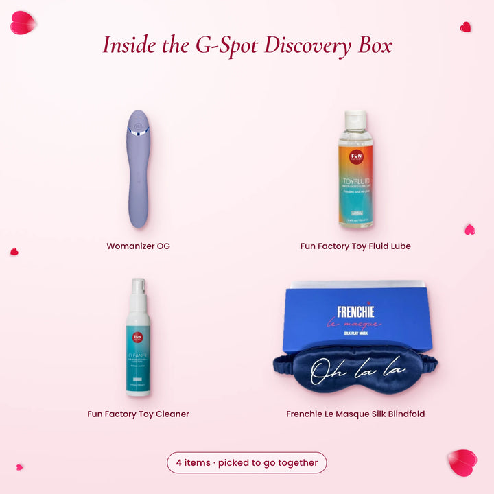 Inside the G-Spot Discovery Box: Womanizer OG, Fun Factory Toy Fluid, Fun Factory Toy Cleaner and Frenchie silk mask