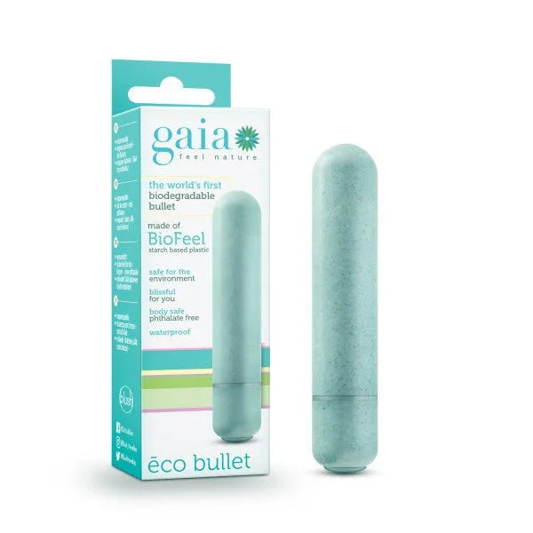 Gaia Eco Bullet in aqua blue biodegradable BioFeel plastic, beside its retail box