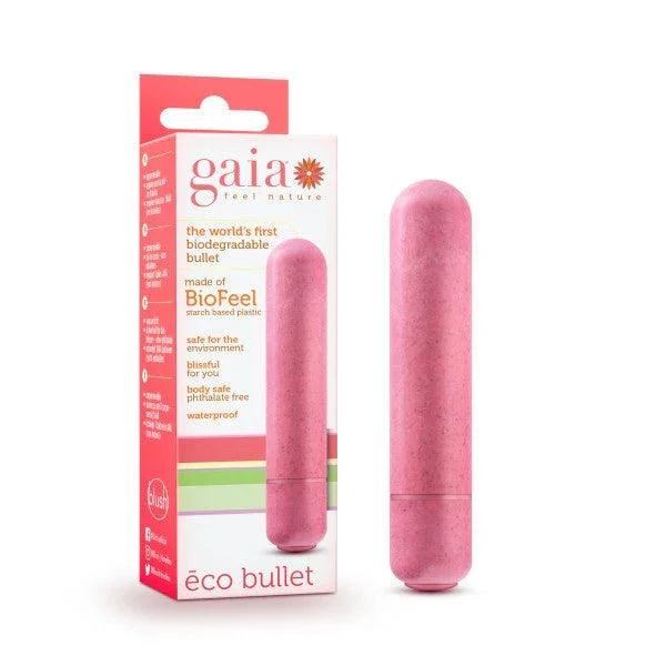 Gaia Eco Bullet in coral pink biodegradable BioFeel plastic, beside its retail box