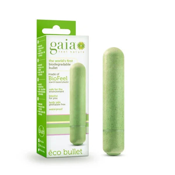Gaia Eco Bullet in green biodegradable BioFeel plastic, beside its retail box