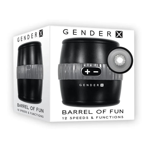 Gender X Barrel Of Fun stroker in Black, barrel-shaped case beside its retail box