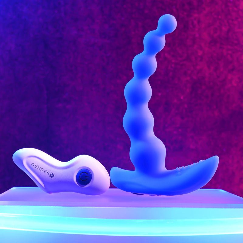 Buy Gender X BEADED PLEASURE - Blue 11.4 cm USB Rechargeable Vibrating Anal Beads with Remote – Naughtyhut NZ sex toys online. Discreet delivery & top brands.