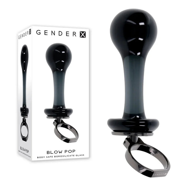 Gender X Blow Pop glass plug in Black with metal ring pull, beside its retail box