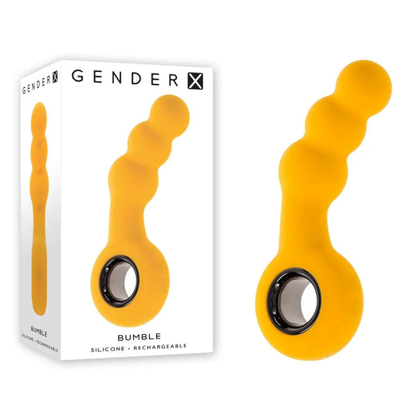 Gender X Bumble plug in Yellow with ring handle, beside its retail box