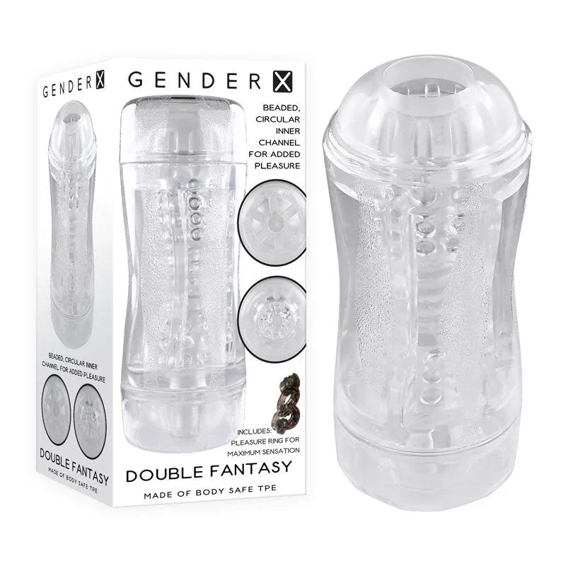 Gender X Double Fantasy stroker in Clear beside its retail box on white