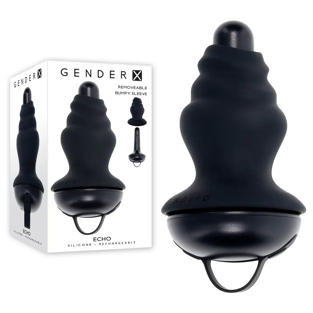 Gender X Echo plug in Black with ribbed sleeve and ring pull, beside its retail box