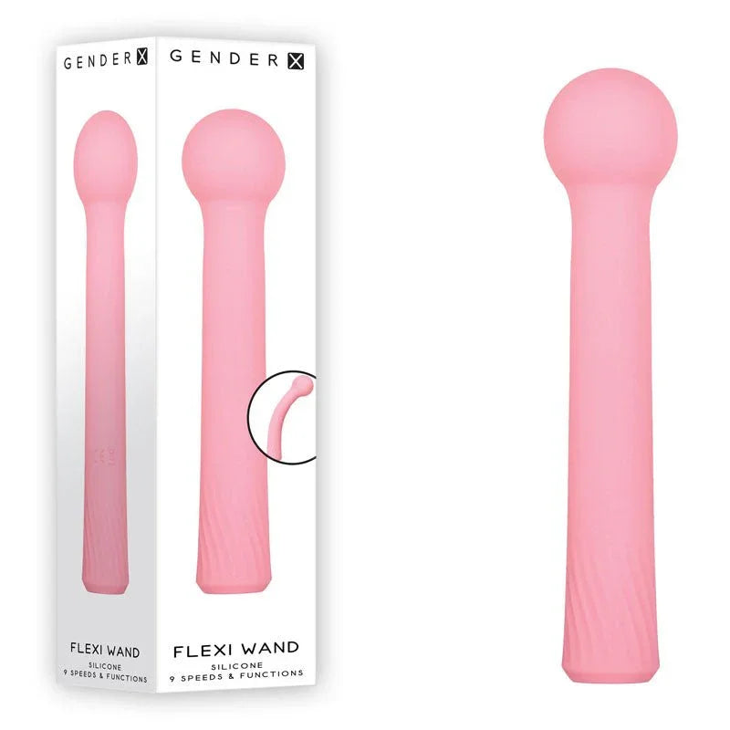 Gender X Flexi Wand in Pink, ball-tipped silicone wand beside its retail box