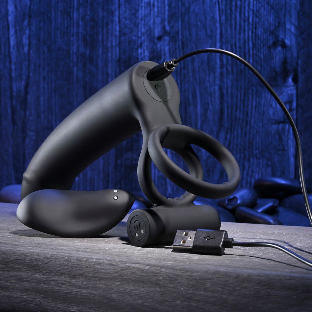 Gender X FULL SWING - Black USB Rechargeable Vibrating Cock Ring with Double Penetrator Dildo – Sex toys NZ by Naughtyhut. Discreet delivery nationwide.