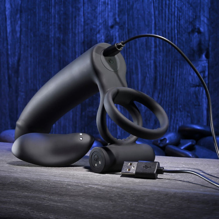 Gender X FULL SWING - Black USB Rechargeable Vibrating Cock Ring with Double Penetrator Dildo – Sex toys NZ by Naughtyhut. Discreet delivery nationwide.