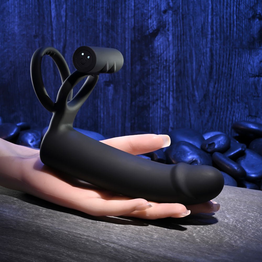 Buy Gender X FULL SWING - Black USB Rechargeable Vibrating Cock Ring with Double Penetrator Dildo – Naughtyhut NZ sex toys online. Discreet delivery & top brands.