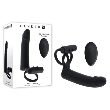 Buy Gender X FULL SWING - Black USB Rechargeable Vibrating Cock Ring with Double Penetrator Dildo – Naughtyhut NZ sex toys online. Discreet delivery & top brands.