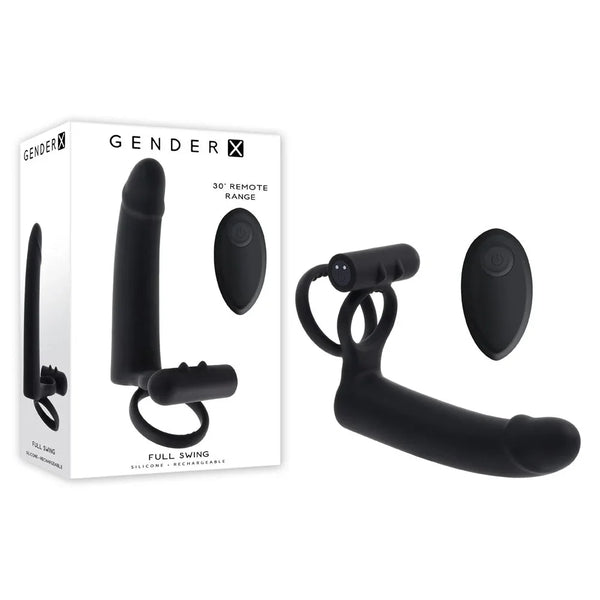 Gender X Full Swing cock ring in Black with double penetrator and remote, beside its box